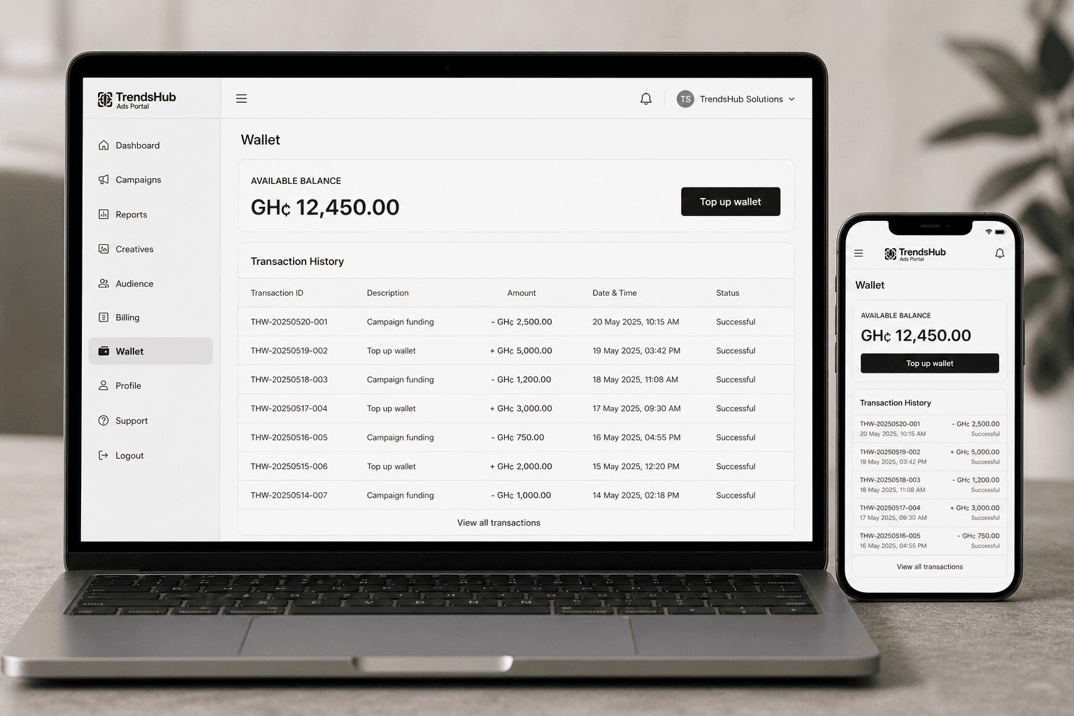 Trendshub Business wallet with GH₵ balance